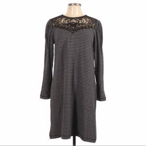 LOFT‎ Black Gray Stripe Lace Long Sleeve Dress XS